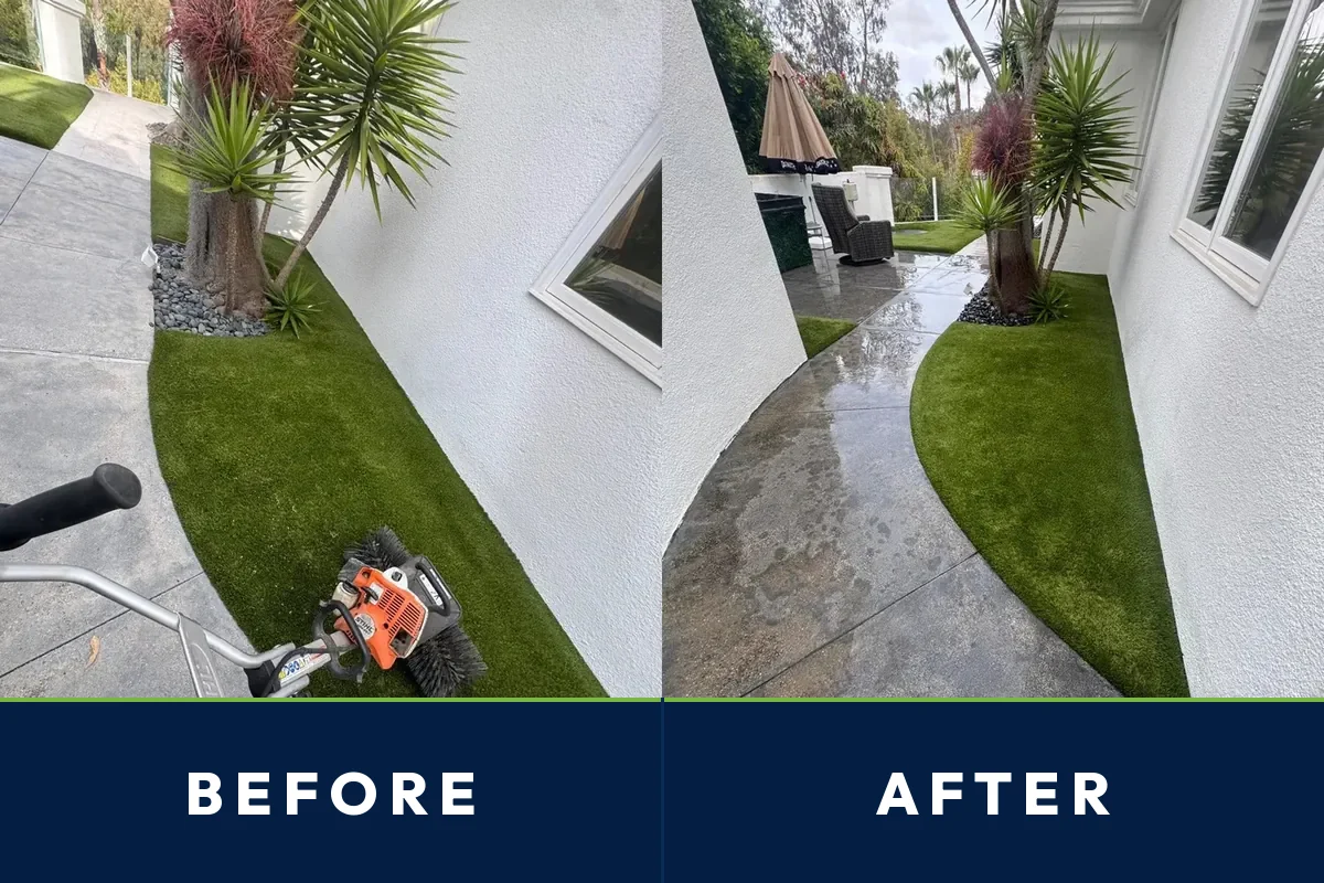 Before and after of a North Park, San Diego artificial turf lawn power-broomed and cleaned by TurFresh