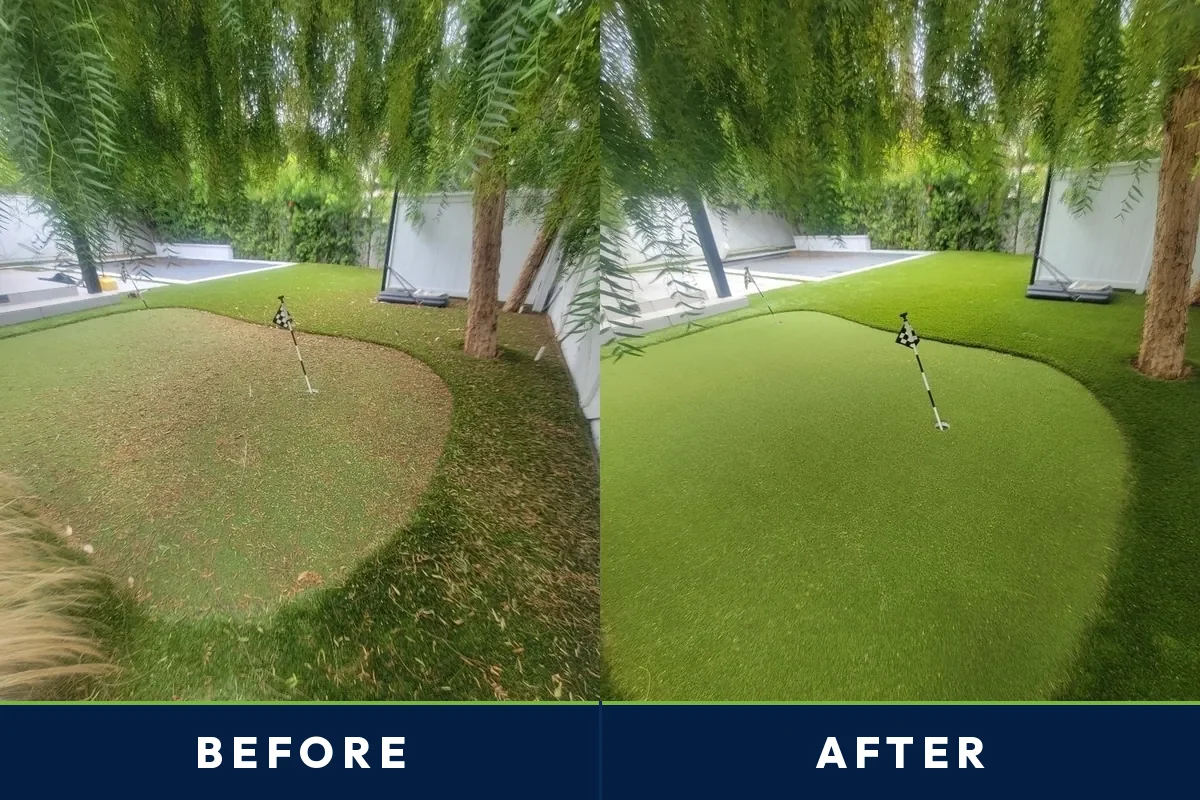 Before and after of a West Los Angeles backyard putting green restored by TurFresh